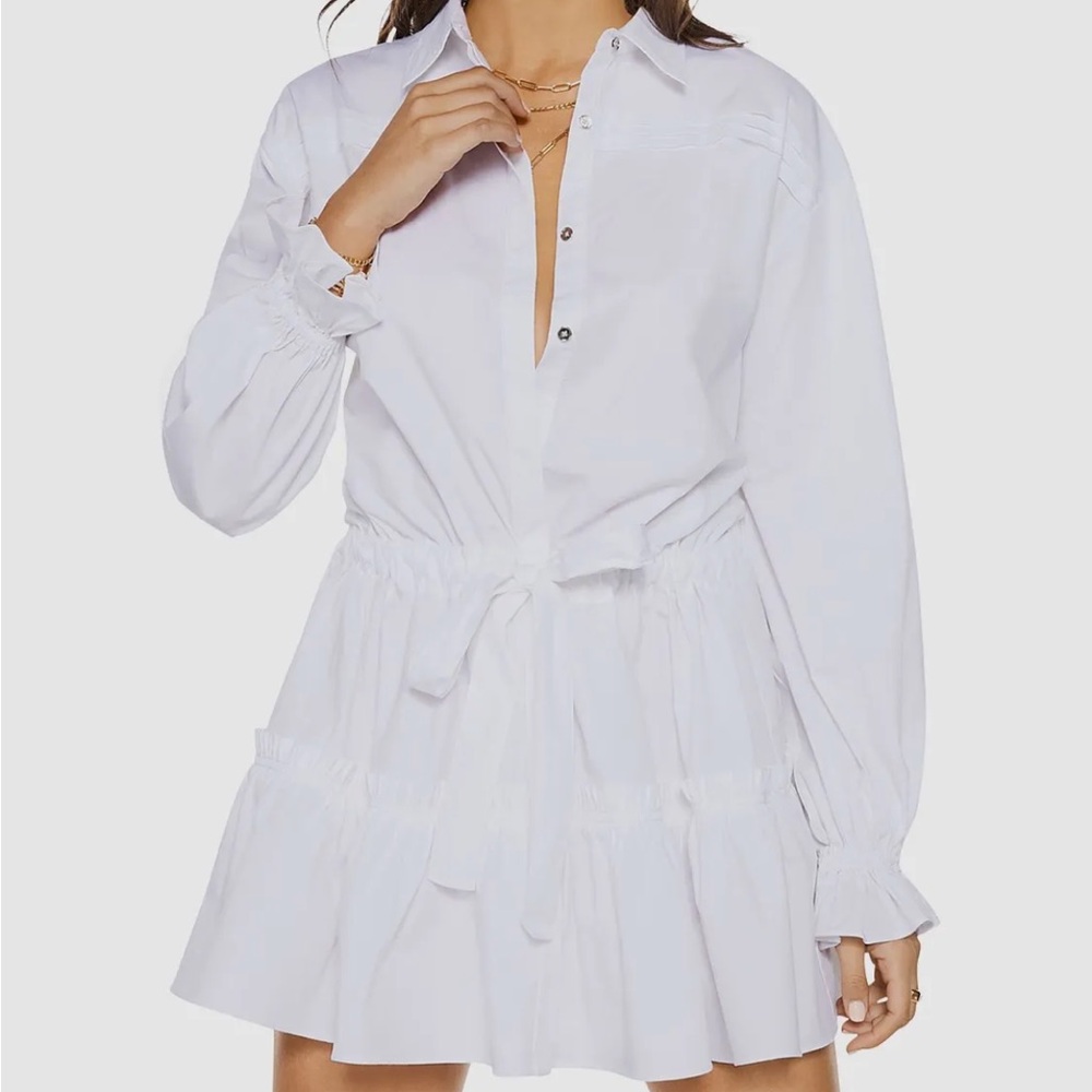 Ramy Brook Women's White Poplin Button Tie Mini Long Sleeve Shirt Dress Size M
